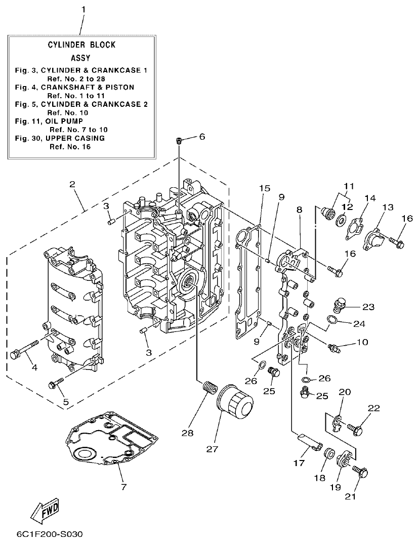 Yamaha F50HET, F60FET, F50HEHD, F60FEHT CYLINDER & CRANKCASE 1 parts diagram